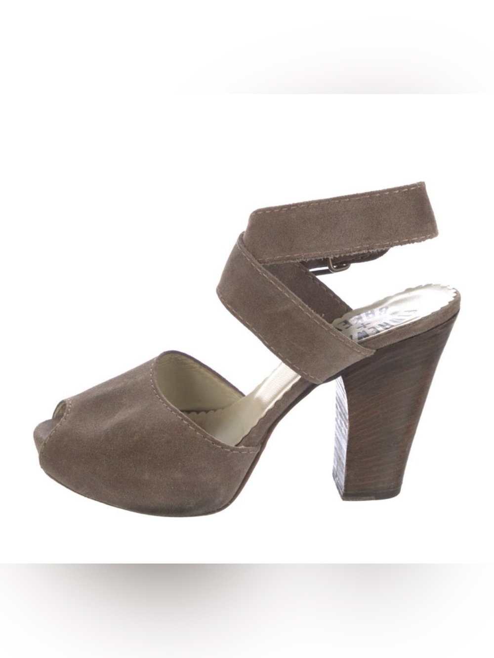 Florentino + Baker Women’s 6.5 / 36.5  Tan / Grey Suede Sandals. Heel 4.25”